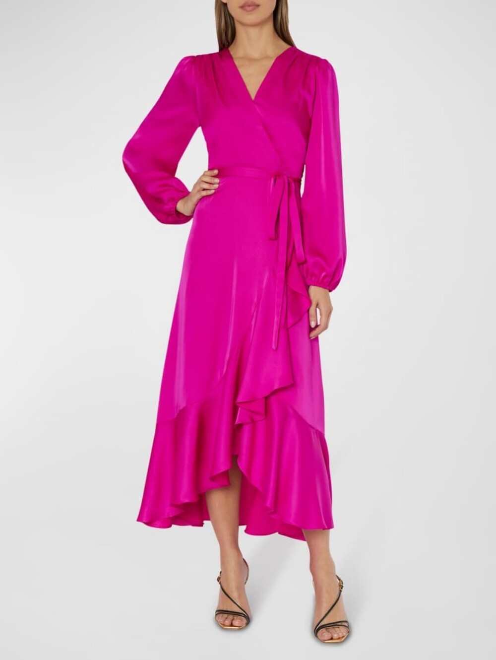Milly Halley Faux-Wrap Ruffle Satin Midi Dress